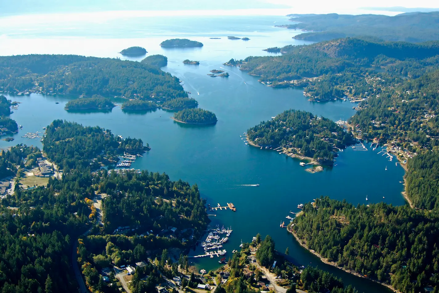 Panoramic view of Pender Harbour and its forested islands